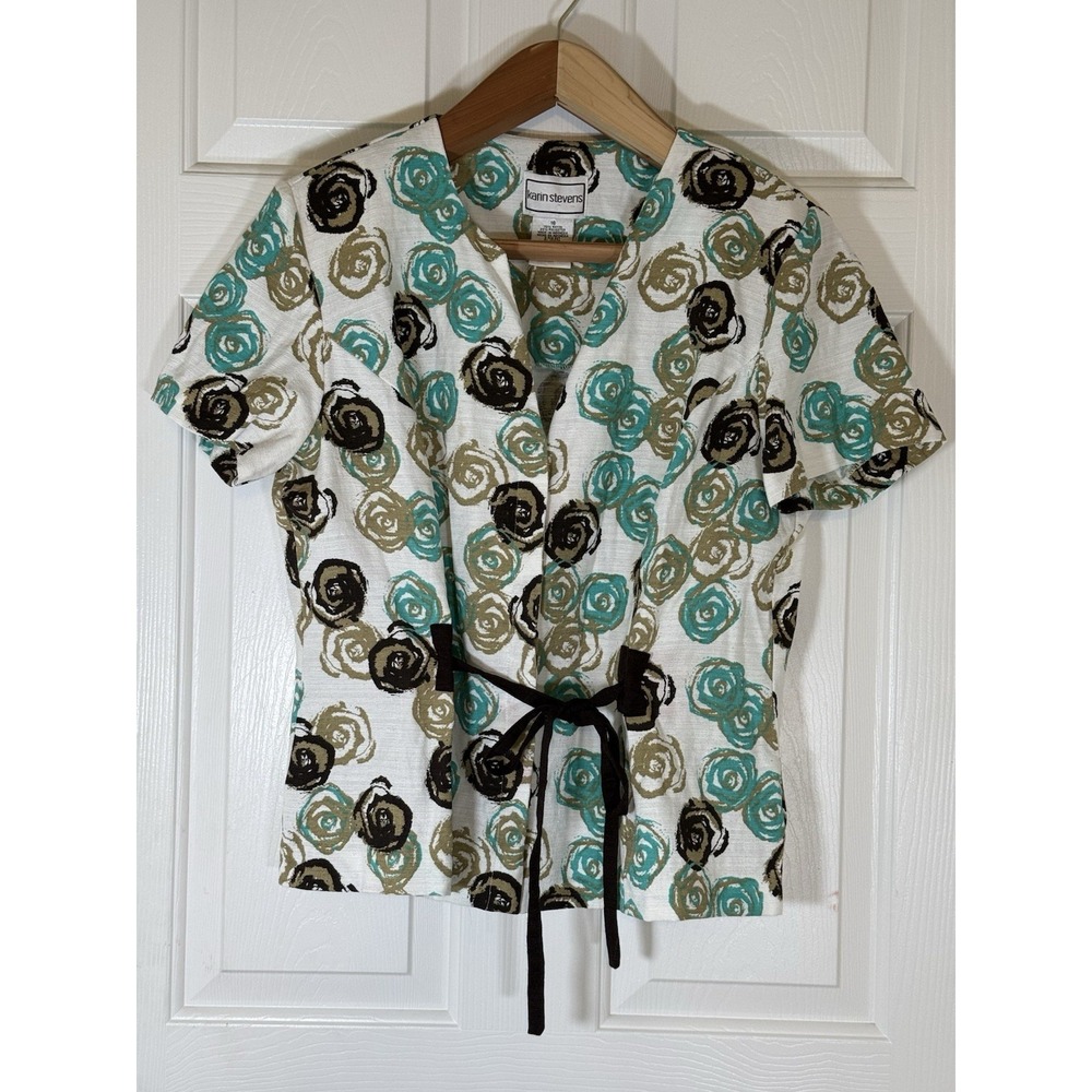 vintage karen stevens Brown Blue Boho Floral Retro Top Shoulder Pads Size 16